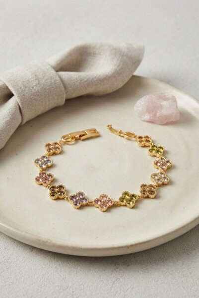 norsary Yonca Model Colorful Zircon Stone Gold Brass Women's Bracelet