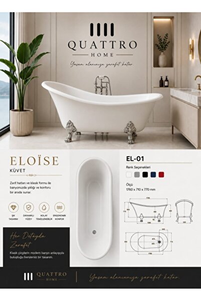 QUATTRO HOME Eloise EL-01 Klasik Freestanding Küvet 176x71 cm Premium Akrilik...
