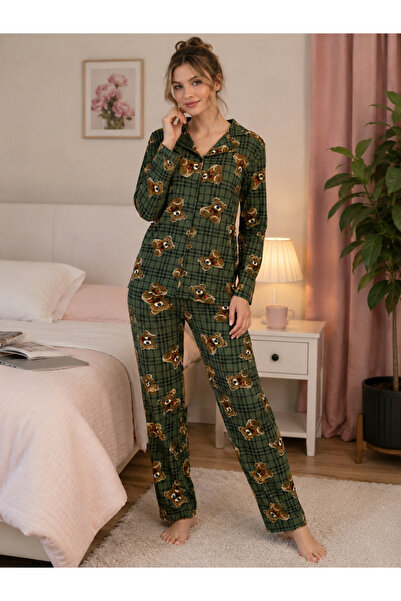 SERPİL Women's Green Plaid Teddy Bear Patterned Pajama Set Shirt Collar Long ...