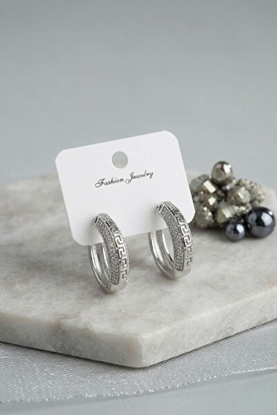 norsary Silver Color Zircon Stone and Geometric Motif Brass Hoop Women's Earr...