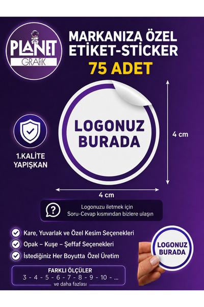 Planet Grafik Logo Sticker 4CM (Kişiye Özel) 75 Adet Yapışkanlı Etiket
