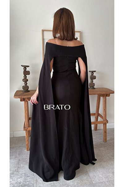 BRATO فستان سهرة أسود فاخر بتطريز لامع ووشاح أنيق