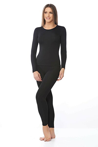 Zulu Ticaret Tutku-3 Pieces Black Color Thermal Underwear Top and Bottom Set