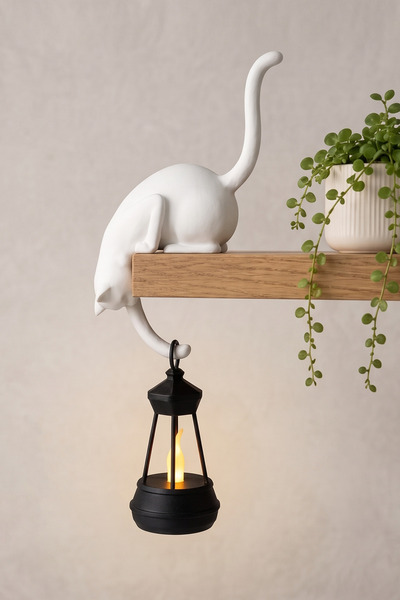 JoyShine Askılı Kedi Raf Dekoru 24 cm, Dekoratif Kedi Obje, LED Fenerli Teali...