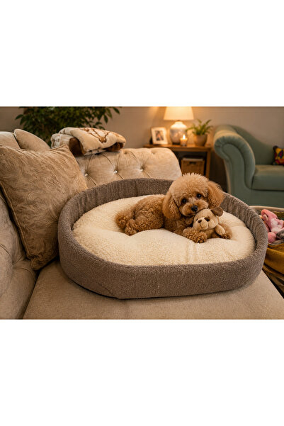 Aurora Pets Cozy Nest Kedi ve Küçük Irk Köpek Yatağı | Peluş İç Yüzeyli Yuvarlak Dolgulu Yatak | Vizon Krem