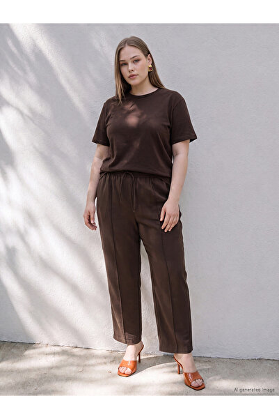 LC Waikiki Ozmarka New Season Brown Large Size Women's Trousers with Elastic ...