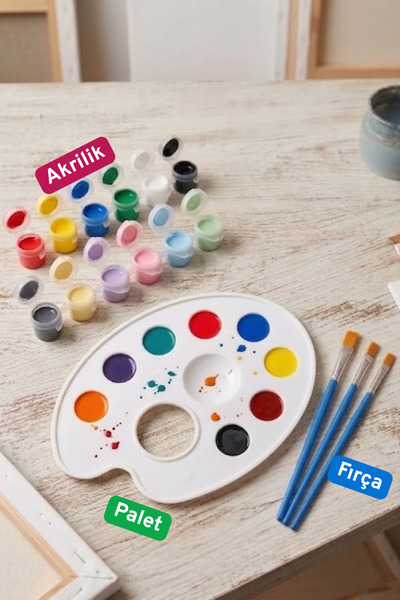 NEON PLUS 12 Renk 3ml Akrilik Boya, Palet ve 3 Adet Fırça Seti