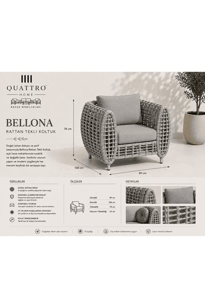 QUATTRO HOME Bellona Rattan Bahçe Balkon Koltuğu Tekli Gri