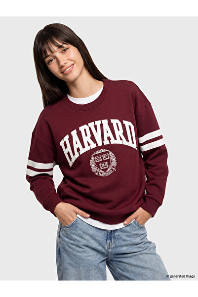 LC Waikiki Peak New Season Burgundy Harvard Printed Women's Thick Sweatshirt