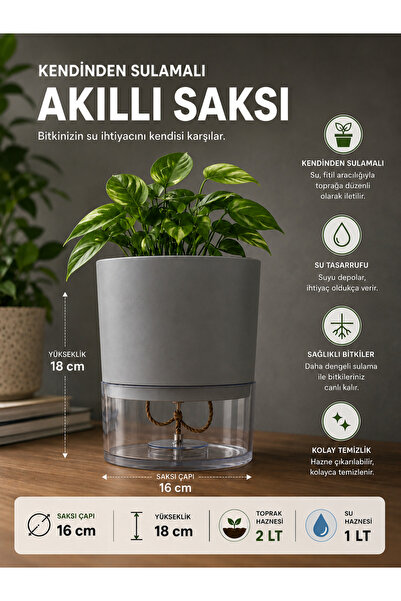 kolyosmarket Kendini sulayan akıllı saksı 2lt toprak hazneli 1lt su haznesi 1...