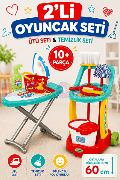 Doğan Oyuncak Dünyası 2’li Çocuk Ütü ve Temizlik Seti Ütü Masası Süpürge Evci...