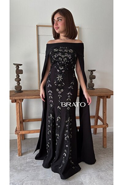 BRATO فستان سهرة أسود فاخر بتطريز لامع ووشاح أنيق
