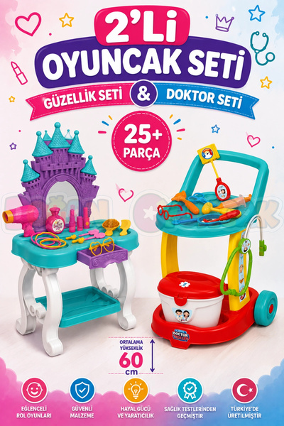 Doğan Oyuncak Dünyası 2'li Oyuncak Seti Şato Güzellik Masası Kuaför Makyaj ve...