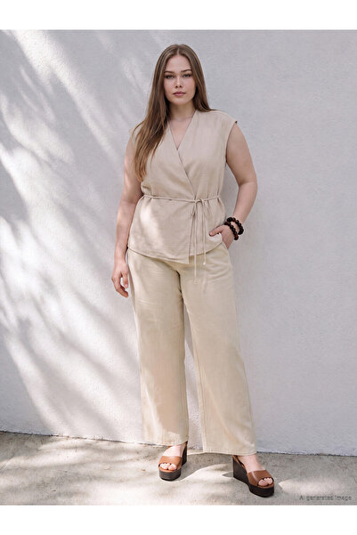 LC Waikiki Vizyon New Season Beige Plus Size Women's Muslin Trousers