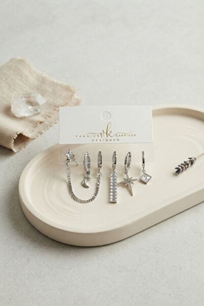 norsary Silver Color Brass Zircon Stone Pole Star Detailed 6-Piece Earring Co...