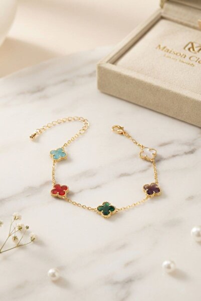 norsary Colorful Crystal Stone Gold Color Clover Model Women's Bracelet