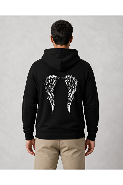 NO BRAND Hanorac bărbați Angel Wings, bumbac, cu glugă, stil urban, negru