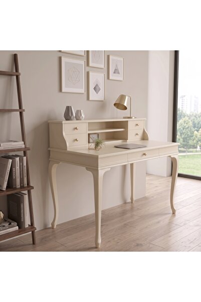 ROYS AHŞAP 110 Cm 5 Çekmeceli Krem Raflı Masif Çalışma Masası