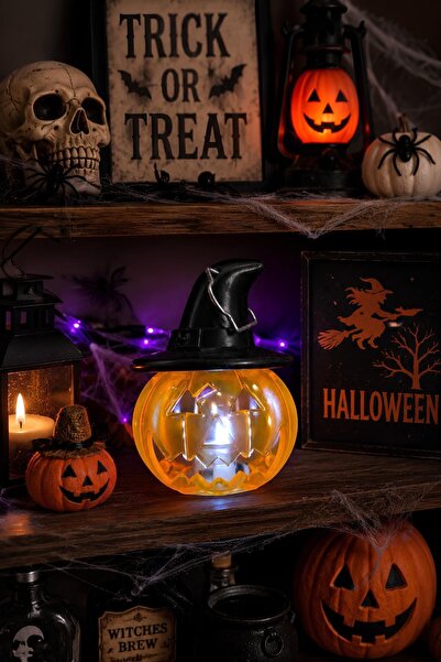 Patladı Gitti Cadı Şapkalı LED Işıklı Balkabağı Mini Fener 8 x 7 cm – Hallowe...