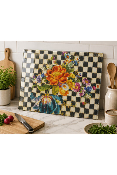 Moon&Sun Designer Dama Çicek Desenli Cam Kesme Tahtası