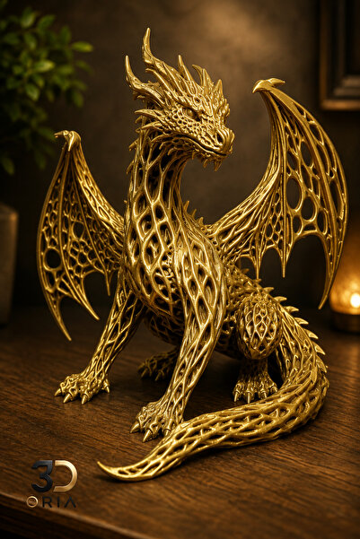 3DOria 3D Baskı Ejderha Figürü Gold Dekoratif Heykel Fantastik Dragon Biblo M...