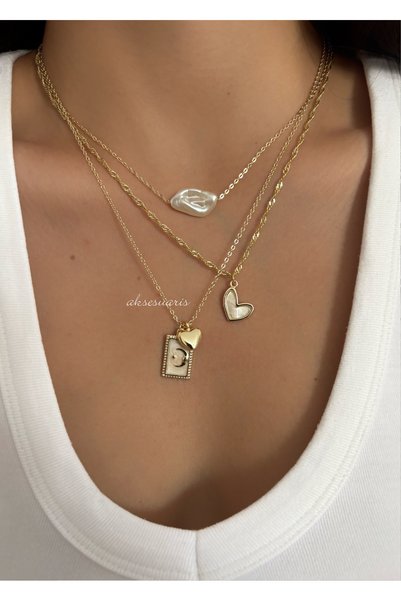 aksesuaris 3-Piece Heart Charm Gold Women's Necklace Set