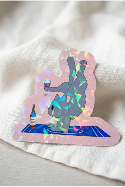 Plumie Yoga Yapan Kedi ve Şarap Hologramlı Laminasyonlu Eğlenceli Sticker – L...