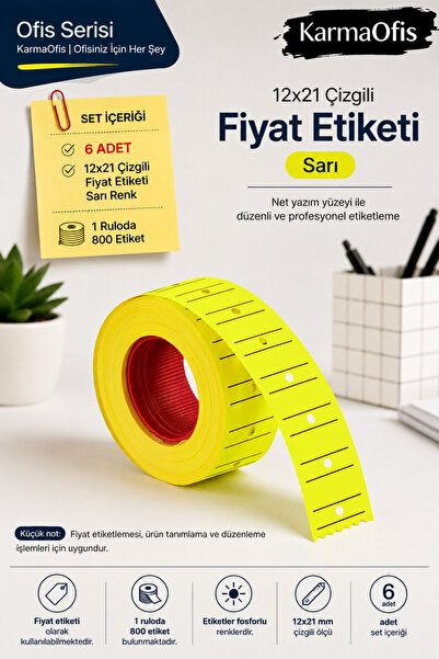 KarmaOfis 12X21 Striped Price Tag Highlighter Yellow Label Roll 6 Pieces