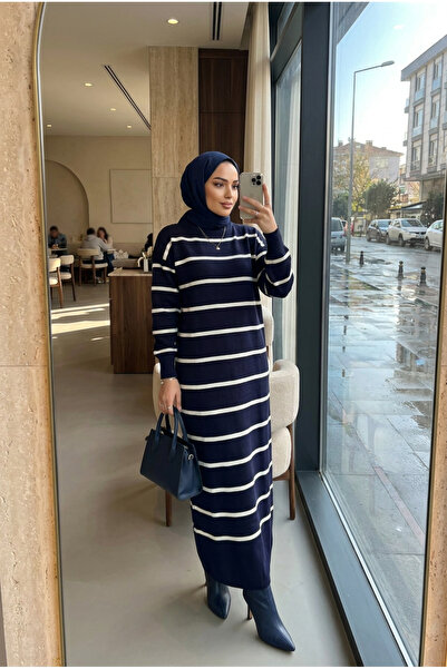 Kirazca Butik Women's Striped High-Neck Long Knit Dress – Hijab Maxi Winter D...