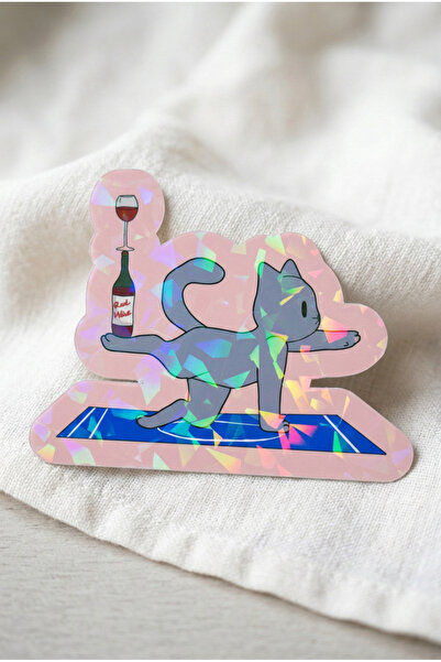 Plumie Yoga Yapan Kedi ve Şarap Hologramlı Laminasyonlu Eğlenceli Sticker – L...
