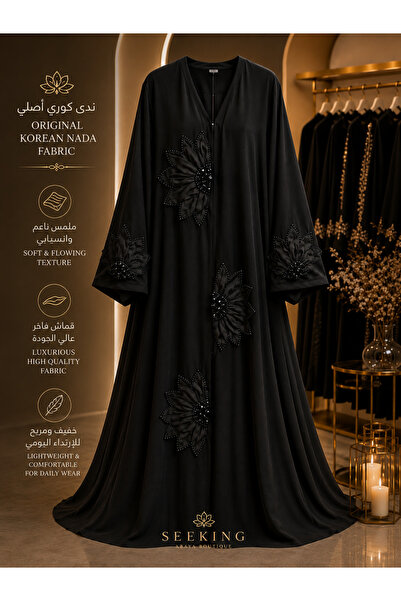 SEEKING2001 Black Women's Abaya Kloush 3D Flower Detailed Abaya Original Kore...