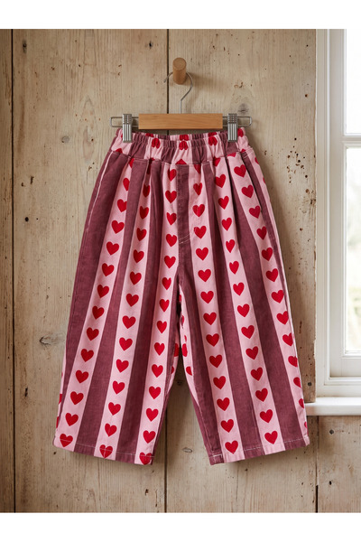Bubu Kido Bordo Pembe Kalp Desenli Çizgili Beli Lastikli Fitilli Denim Pantolon