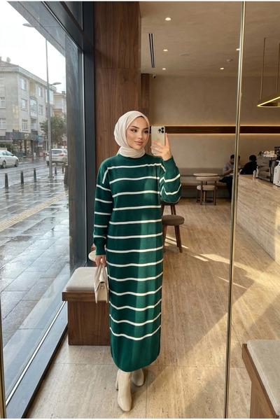 Kirazca Butik Women's Striped High-Neck Long Knit Dress – Hijab Maxi Winter D...
