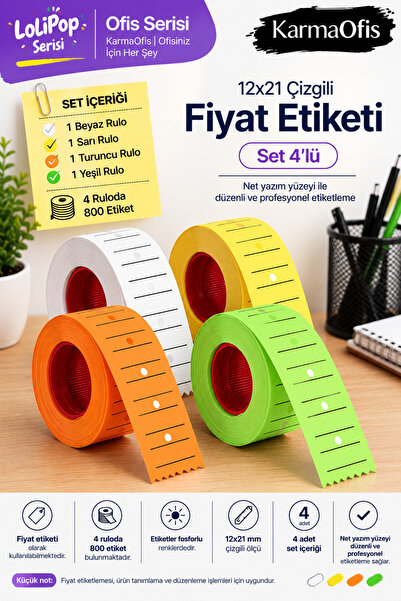 KarmaOfis 12X21 Striped Price Tag Highlighter Multi-Color Label Roll 4 Pieces