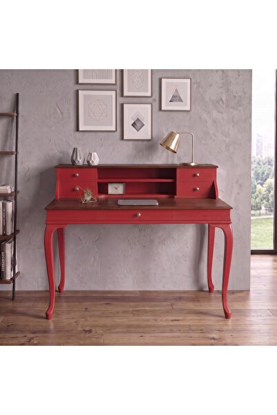 ROYS AHŞAP 120 Cm 5 Çekmeceli Kırmızı Ceviz Raflı Masif Çalışma Masası