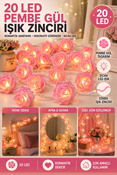Hane Dostu 20 LED Pembe Gül Işık Zinciri Dekoratif Çiçekli Gün Işığı Romantik...