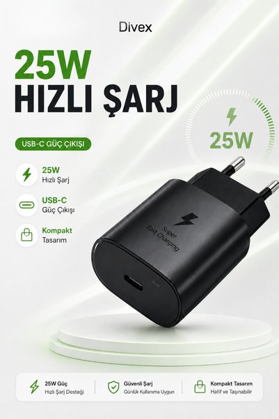 Divex 25W USB-C Hızlı Şarj Adaptörü – Type-C Çıkışlı Kompakt Duvar Şarj Cihaz...
