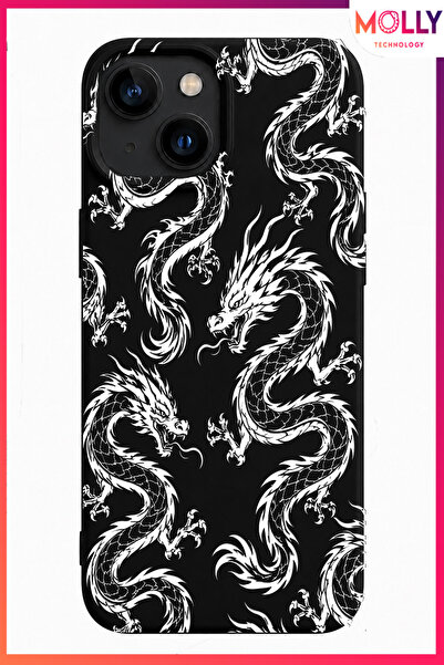 Molly iPhone 13/14 İçin Siyah Dragon Ink Desenli İçi Kadife Silikon Kılıf