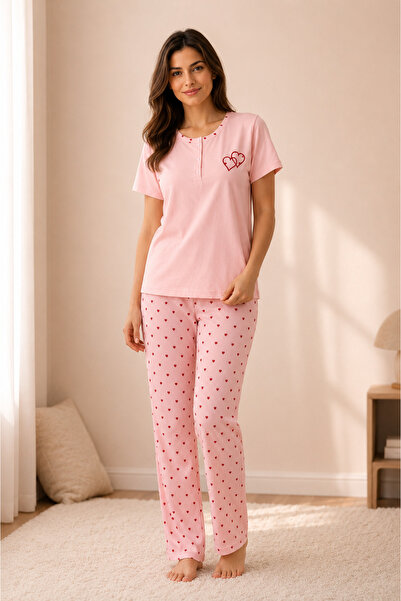 Mimoza Kadın Pembe Kalpli Kısa Kollu Pamuklu Pijama Takımı - Düğmeli Üst, Des...