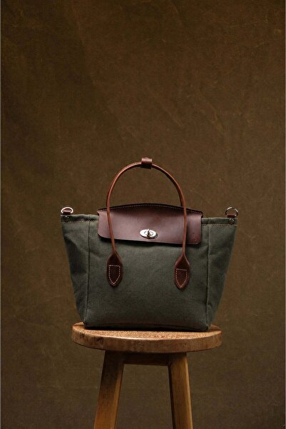 Semender Leather Goods Mumlu Kanvas Hakiki Deri Kadın Tote ve Omuz Çantası El...