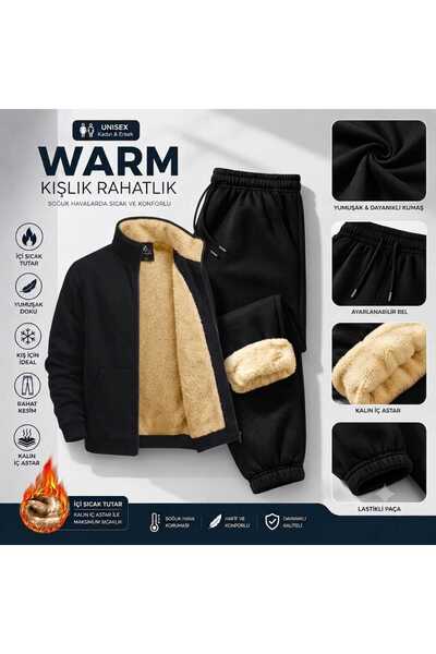 Urban Look Unisex Kışlık İçi Peluş Kürklü Eşofman Takımı Sıcak Tutan Fermuarl...