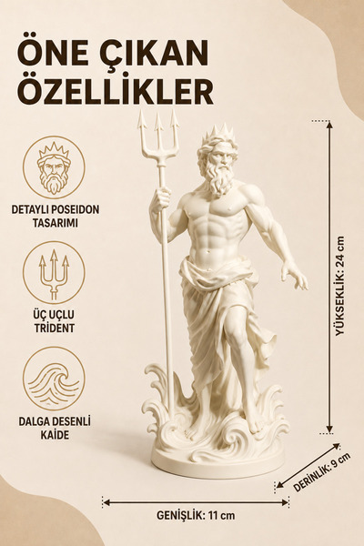 EBStudio Beyaz Poseidon Heykeli 24 cm Üç Uçlu Tridentli Dalga Detaylı Yunan M...