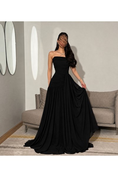 ALANOOD Black Long Evening Gown Off Shoulder Dress with Draped Details and Full Skirt