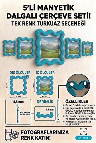 Fotoğraf Çerçevesi (5 adet) Mıknatıslı Kıvrımlı (Turkuaz)