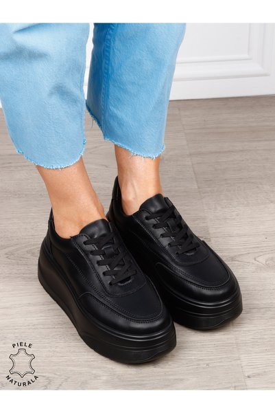 ANGEL BLUE Pantofi casual damă din piele naturală cu siret 1822 black leather