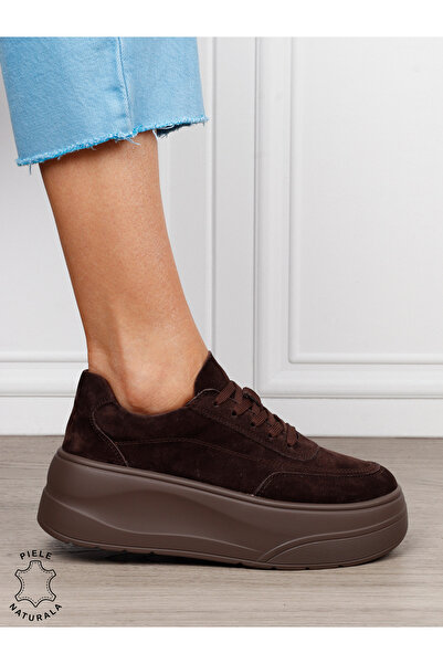 ANGEL BLUE Pantofi casual damă din piele întoarsă naturală cu siret 1822 CAFENIU