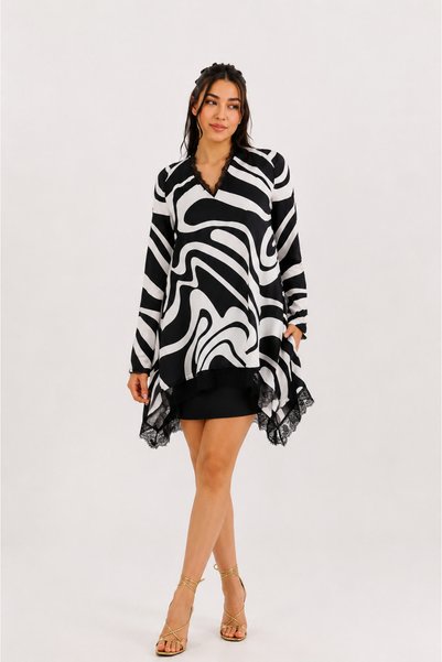 Zebra Desen Dantelli Asimetrik Bluz