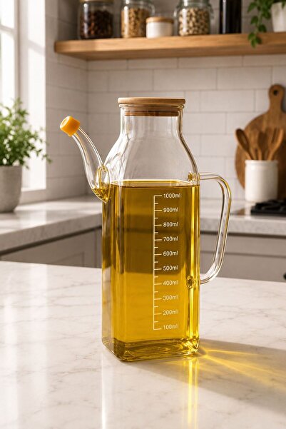welcomein Bambu Kapaklı Cam Yağdanlık 1000 ml Ölçü Göstergeli Kare Tasarım