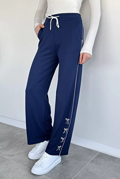GÜLSELİ Navy Blue Palazzo Sweatpants with Leg Detail