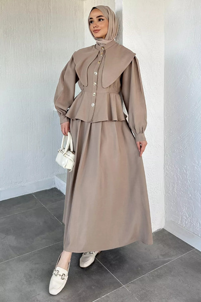 GÜLSELİ Beige Belt Accessory, Elastic Waist Skirt, Jacket, Hijab, Two-Piece Set